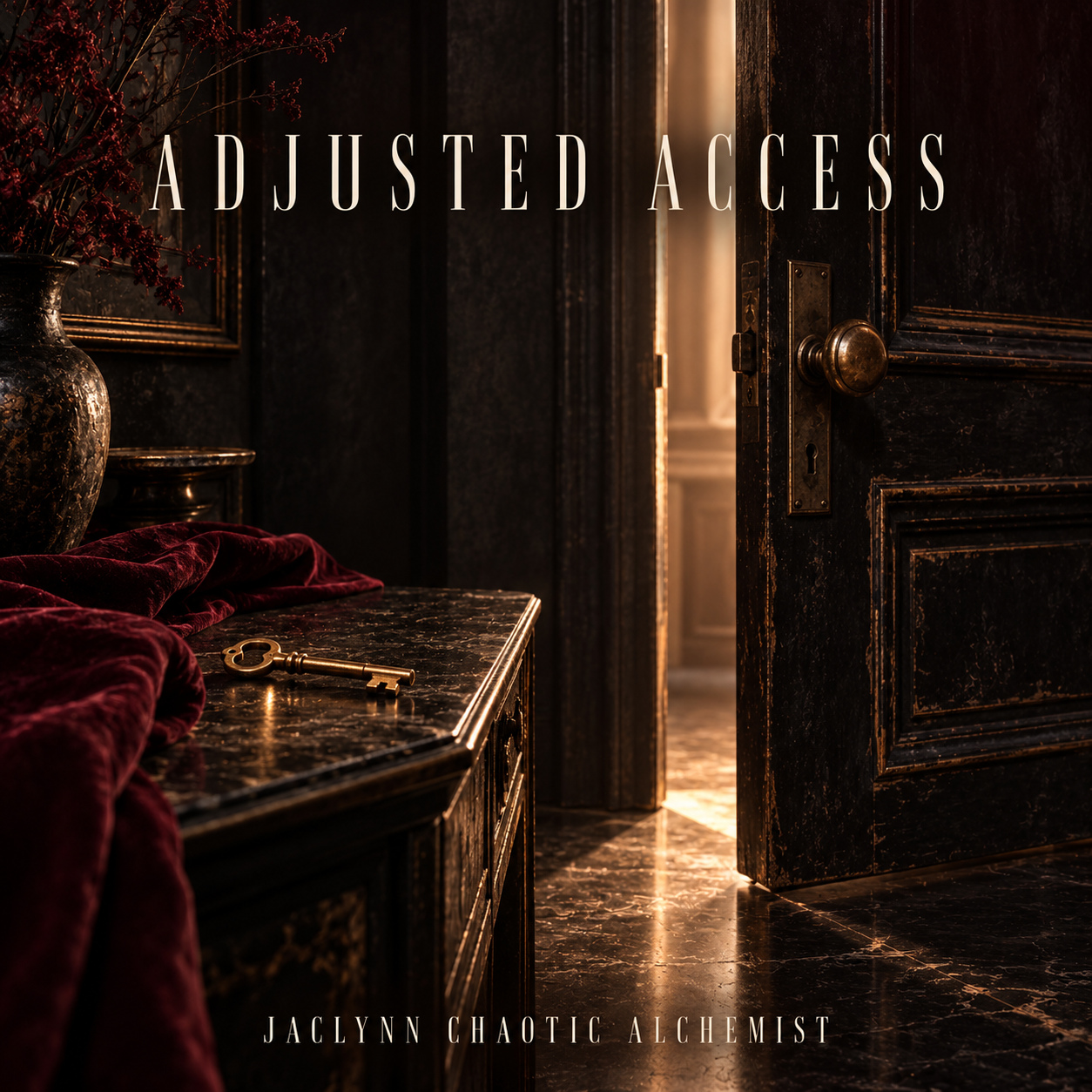 Adjusted Access cover artwork: a partly open dark door, warm light and a brass key beside wine-red fabric